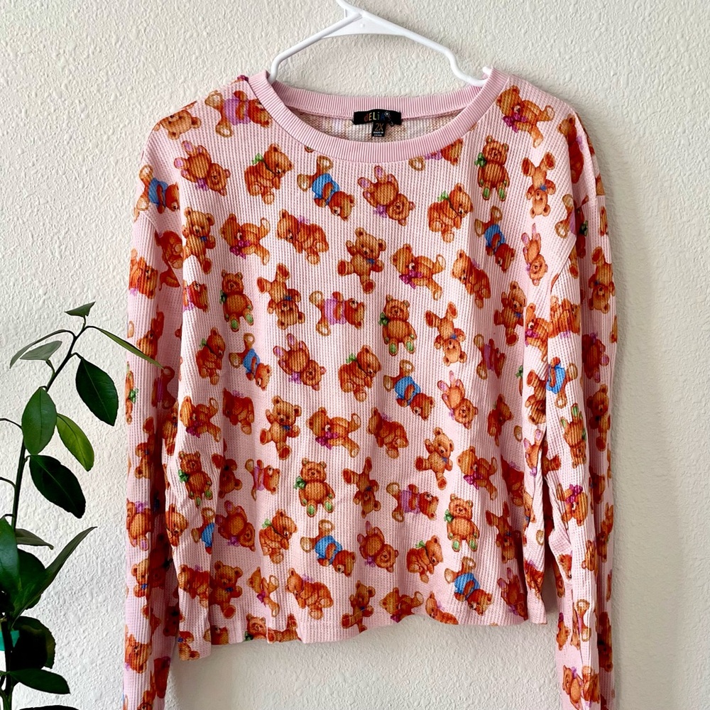 SOLD NWOT delia’s long sleeve pink teddy bear waffle thermal with thumb holes